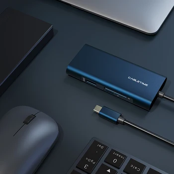 CABLETIME USB C HUB USB 3.0 HDMI SD/TF Kortelių Skaitytuvas PD Adapteris, Tamsiai mėlynos, Huawei Matebook X 13 C Tipo Baterija N301