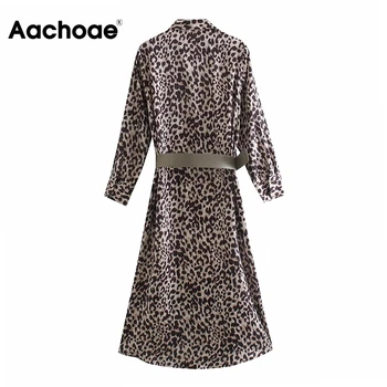 Aachoae Mados Leopardas Spausdinti Marškinėliai Suknelė Moterims Linija Ilgomis Rankovėmis Varčias Suknelė Pasukite Žemyn Apykaklės Office Ponios Suknelės Vestidos