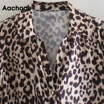 Aachoae Mados Leopardas Spausdinti Marškinėliai Suknelė Moterims Linija Ilgomis Rankovėmis Varčias Suknelė Pasukite Žemyn Apykaklės Office Ponios Suknelės Vestidos