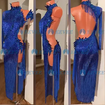 Mėlyna granulių vamzdis lotynų šokių suknelė Blizgiu cirkonio Pramoginiai lotynų Šokių Konkurencijos Suknelė Vienos rankovės backless ChaCha suknelė