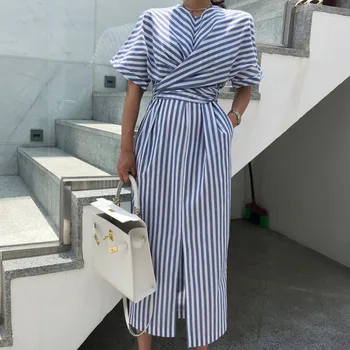 Korėjos Moterys Vasarą Medvilnės Mėlyna Dryžuotas Tvarstis Padalinta Ilga Suknelė Moteris Ilgai Bodycon Plius Dydis Vestido Skraiste Femme Ete Sukienki