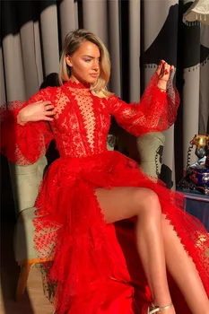 Sevintage Raudona Skirtingų Taškų Tiulio Vakaro Suknelės Ilgio Sluoksniuotos Rankovėmis Ir Nėrinių Prom Chalatai Seksualus Aukštos Ritininės Princesė Moterys Šalis Suknelė 2021