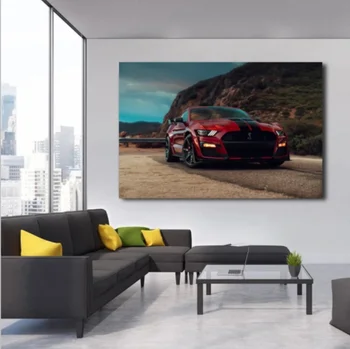 Modernios Sienos Meno Aliejus, Drobė Paveikslų Superautomobilį Fords Mustang Shelby GT500 Raudonas Automobilis Nuotrauką Kambarį Dekoro Plakatai ir Spausdina