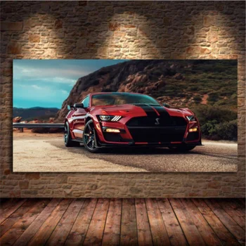 Modernios Sienos Meno Aliejus, Drobė Paveikslų Superautomobilį Fords Mustang Shelby GT500 Raudonas Automobilis Nuotrauką Kambarį Dekoro Plakatai ir Spausdina