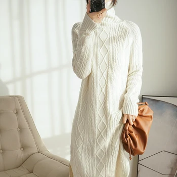 Merino vilnos megztinis suknelė moterims megztas dryžuotas ilgio kabeliu, krūva kaklo megztinis golfo Rudenį, žiemą storas viršūnės