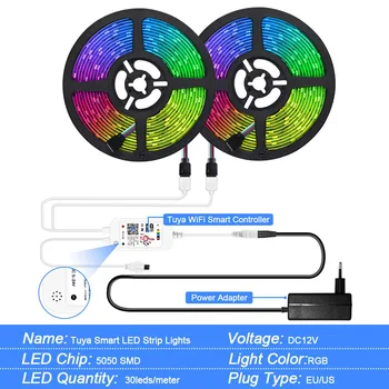 Tuya Smart Gyvenimo WiFi LED Šviesos Juostelės RGB 5050 Spalva Keičiasi String Alexa Balso Kontrolės LED Šviesos Juostelės 5m 10m 12V 30led/m