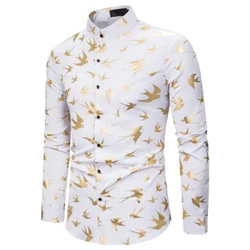 Aukso Skristi Paukštis Įdegio Spausdinti Marškinėliai Vyrams 2020 Prekės Ilgomis Rankovėmis Mandarinų Apykaklės Mens Suknelė Marškiniai Verslo Atsitiktinis Chemise Homme