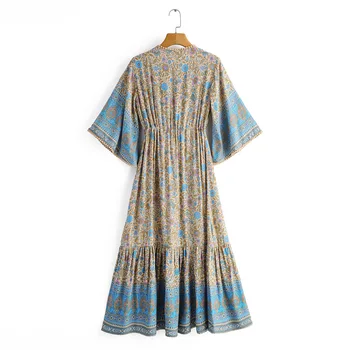 Mėlyna gėlių ilgai boho suknelė moterims pusė rankovėmis v-kaklo, vasaros suknelės vestidos atsitiktinis bohemijos moterų medvilnės suknelė 2020 m. moteris