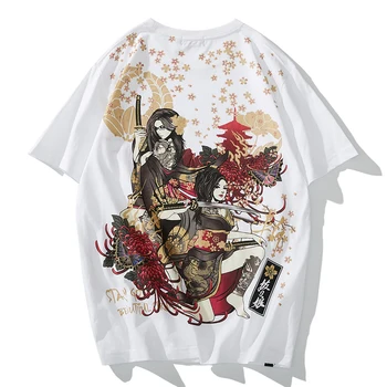 Japonijos banga prekės siuvinėjimo raštais asmenybės mados spausdinimo grožio kariai stiliaus medvilnės vyriški trumparankoviai marškinėliai