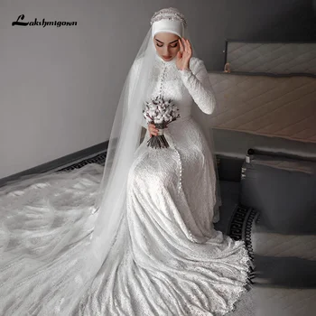 Lakshmigown Nėrinių Chalatas De Mariage ilgomis Rankovėmis Linijos Musulmonų Vestuvių Suknelė su hijab nuotakos suknelė plius dydis Vestidoe De Noiva