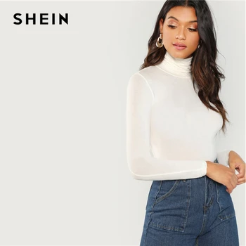 SHEIN Balta Golfo Slim Fit marškinėliai Elegantiškas darbo drabužiai ilgomis Rankovėmis Kietas Puloveriai Tee Viršūnes Moterų Minimalistinio Rudenį Tee