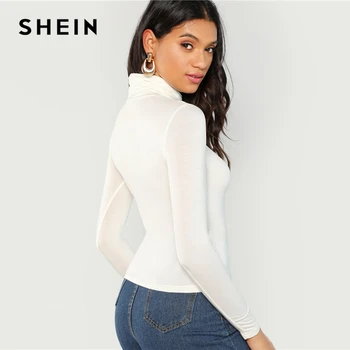 SHEIN Balta Golfo Slim Fit marškinėliai Elegantiškas darbo drabužiai ilgomis Rankovėmis Kietas Puloveriai Tee Viršūnes Moterų Minimalistinio Rudenį Tee