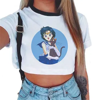 Naujas Sailor Moon Vasaros Mados Marškinėliai Moterims Harajuku Trumpas Įdomus Ulzzang T-Shirt Cute Kačių Laisvalaikio Marškinėlius Animacinių Filmų Top Tees Moteris