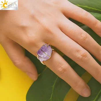 CSJA Natūralaus Akmens Nereguliarus Wire Wrap Moterų Žiedai Gydymo Violetinė Crystal Fluorito Aukso spalvų keičiamo dydžio Mados Piršto Žiedą G339