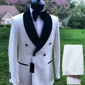 Vyrų Kostiumai Modelio Baltos ir Juodos spalvos Jaunikis Tuxedos Skara Atvartas Groomsmen Vestuvių Geriausią Vyro 2 Dalių ( Švarkas+Kelnės+Kaklaraištis ) D88