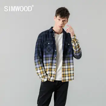 SIMWOOD 2020 m. pavasarį nauji marškinėliai vyrams kaklaraištis dažyti pledas kontrasto spalvų mados slim fit medvilnės marškinėliai plius dydis drabužių SI980661