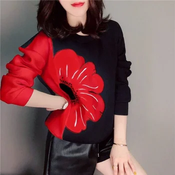 Nauja Stiliaus Japonų Retro Stiliaus Megztiniai Įgulos Kaklo Gėlių Aplikacija Ilgomis Rankovėmis Įgulos Kaklo Megztinis Susagstomi Megztiniai