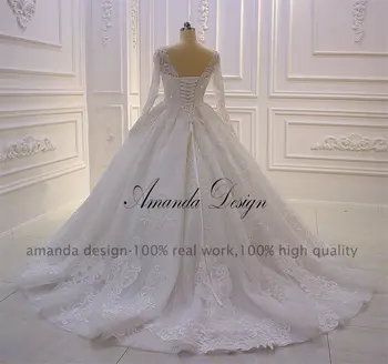 Amanda Dizaino nikah elbisesi Visą Rankovėmis ir Nėrinių Appliqued Kristalų Vestuvinė Suknelė