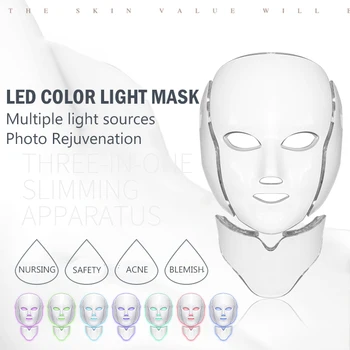 LED Veido Kaukė su Kaklo 7 Spalvų Grožio Priemonė Fotonų, Odos Atjauninimas Raudonos ir Mėlynos Šviesos Terapija Raukšlių Stangrina, Balina