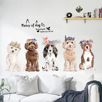 Animacinių filmų Gyvūnų Šunys su gėlių vainikas Sienų Lipdukai išgalvotas doggie vaikų kambario kambarį mados namų dekoro 