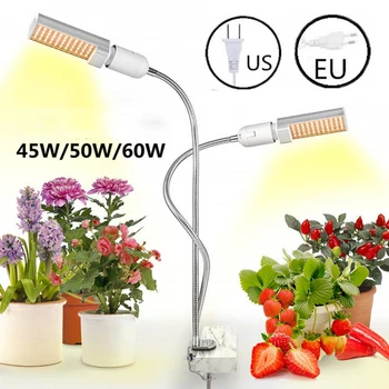 LED Grow Light Visą Spektrą 45W 50W 60W E27 du kartus Galva Lanksti LED Augalų Sunlike Intensyvumo Šviesos efektą Sukeliančių gėlių fito
