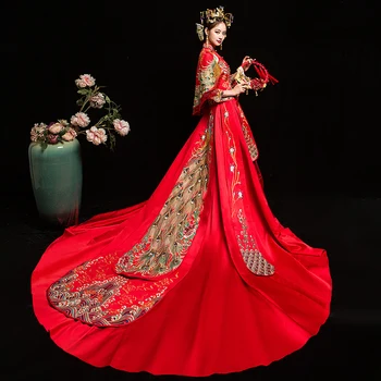 Raudona Nuotaka Kinų Stiliaus Cheongsam Vestuvių Vakaro Suknelė Vintage Moterų Siuvinėjimo Ilgai Qipao Šalis Suknelės Drabužių S - XXL