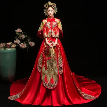 Raudona Nuotaka Kinų Stiliaus Cheongsam Vestuvių Vakaro Suknelė Vintage Moterų Siuvinėjimo Ilgai Qipao Šalis Suknelės Drabužių S - XXL
