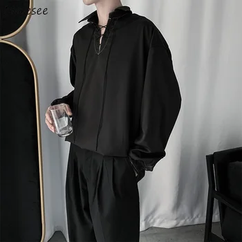 Vyrų Black Marškinėliai ilgomis Rankovėmis Kietas suvarstomi Raišteliu Sukurta Stilingas Mens Viršūnes Streetwear Prašmatnus Ulzzang Caual Visas rungtynes, Paprasta