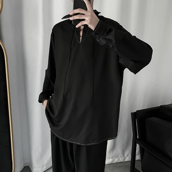 Vyrų Black Marškinėliai ilgomis Rankovėmis Kietas suvarstomi Raišteliu Sukurta Stilingas Mens Viršūnes Streetwear Prašmatnus Ulzzang Caual Visas rungtynes, Paprasta