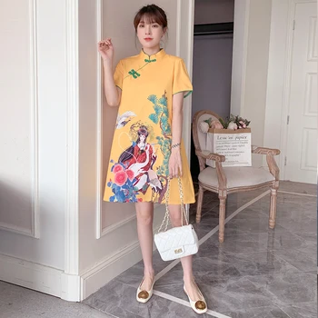 Plius Dydis M-4XL 2021 Naujųjų Metų Geltonos Prarasti Mados Šiuolaikinės Cheongsam Suknelė Moterims trumpomis Rankovėmis Qipao Tradicinės Kinų Drabužius