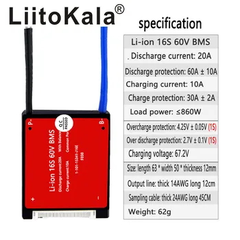 LiitoKala Li-ion 16S 60V 20A 18650 PCM akumuliatoriaus apsaugos valdybos BMS PCM su subalansuota lithiumion ličio baterijos modulis