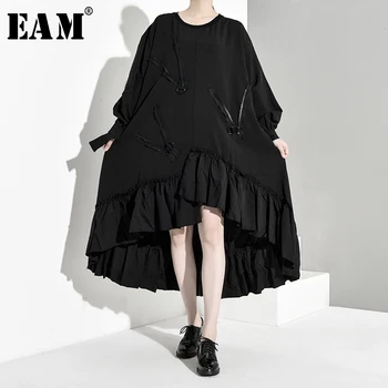 [EAM] Moterys Juodas Klostuotas Nesimetriškas Didelis Dydis Nauja Suknelė ilgomis Rankovėmis Apvalios Kaklo Palaidi Tinka Mados Banga Pavasario Rudens 2021 1B052