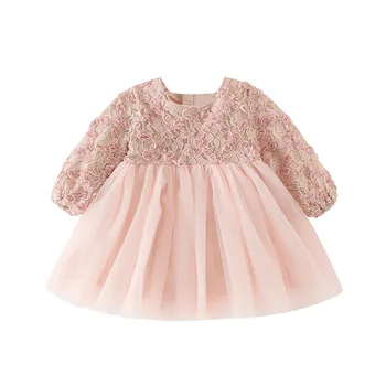 Rudenį Baby Girl Rožinė Suknelė Sluoksniuotos Mados trimatis Gėlių Saldus Princesė Dress Vaikai