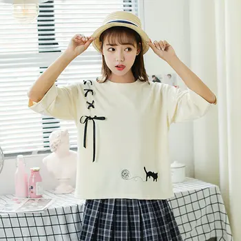 Korėjos 2020 m. Vasarą Gana Nėrinių Juostelės Laivapriekio Animacinių filmų Spausdinti Prarasti Tee Marškinėliai Viršuje Japanese Lolita Girl 90s Studento T-Shirt 2020 m.