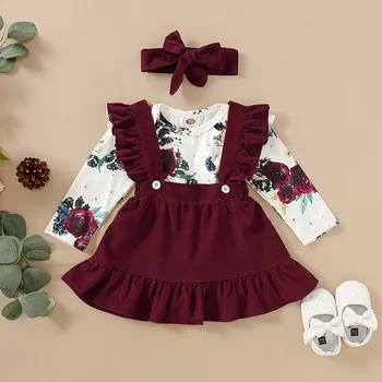 (3M-18M) Kūdikiams ilgomis rankovėmis gėlių romper maišelį bezdalius suknelė + vientisos spalvos įmantrybių suspender sijonas + lankelis kostiumas ilgomis rankovėmis S4