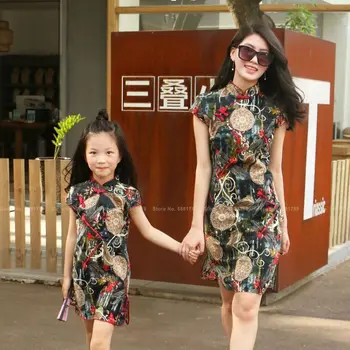 Motina Dukra Kinijos Tradicinės Elegantiškas Cheongsam Moterys, Vaikai Mergina Retro Qipao Šalis Vestuvių Suknelė Hanfu Tango Kostiumas Vestidos