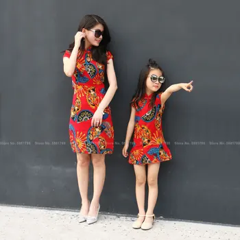 Motina Dukra Kinijos Tradicinės Elegantiškas Cheongsam Moterys, Vaikai Mergina Retro Qipao Šalis Vestuvių Suknelė Hanfu Tango Kostiumas Vestidos