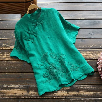 Naujas Folk Stiliaus Vasarą Moterys Marškinėlius Plius Dydis Derliaus Siuvinėjimo Stovėti Apykaklės, Mygtuką Tee Marškinėliai Femme Medvilnės Skalbiniai Viršūnes D349