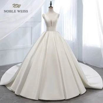 Vestuvinė Suknelė Vestido De Noiva V-kaklo Satino Teismas Traukinio A-Line Wedding Dresses