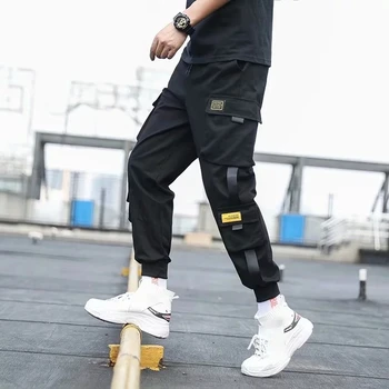 Vyrų Pusėje Kišenės Krovinių Haremo Kelnės 2021 Juostelės Juodos Hip-Hop Atsitiktinis Vyras Poilsiu Kelnės Mados Atsitiktinis Streetwear Kelnės