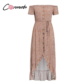 Conmoto boho gėlių rožinė elegantiška suknelė ilga moterų raukiniai lankas off peties suknelės asimetrinė paplūdimio 2020 metų vasaros suknelė vestidos