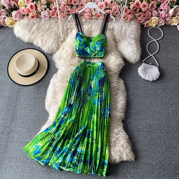Vasarą Pajūrio spausdinti camisole vamzdžio viršus be rankovių dviejų dalių elegantiškas plisuotos suknelė moteriški, su didele swing suknelė 2 dalių komplektas
