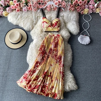Vasarą Pajūrio spausdinti camisole vamzdžio viršus be rankovių dviejų dalių elegantiškas plisuotos suknelė moteriški, su didele swing suknelė 2 dalių komplektas