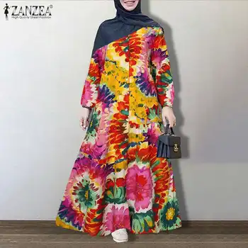 ZANZEA Derliaus Moterims Gėlių Spausdinti Sundress Retro Dubajus Abaja Suknelė, Hijab Rudenį ilgomis Rankovėmis Prarasti Maxi Ilgas Vestido Kaftan