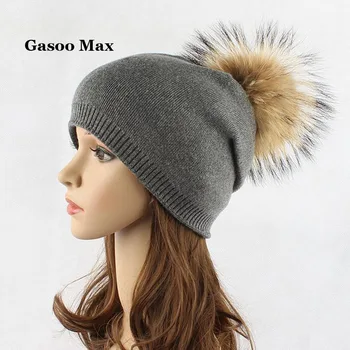 Rudenį, žiemą beanies skrybėlę Moterų megzti vilnos Skullies laisvalaikio kepuraitė su nekilnojamojo usūrinių fox fur pompom mergaičių slidinėjimo gorros bžūp