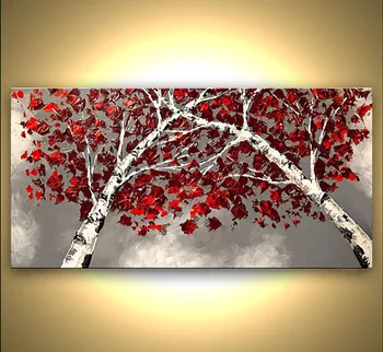 Abstrakti Medžiai, Kurių Raudoni Lapai Rankomis Dažyti Aliejus, Tapyba Ant Drobės Be Rėmo Mados Modernios Sienos Menas Namų Dekoro