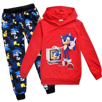 Vaikų animacinių filmų Sonic the hedgehog spausdinti medvilnės gobtuvu megztinis kelnės namų sporto, laisvalaikio pavasarį, rudenį, berniukų, mergaičių kostiumas