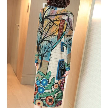 2020 M. Rudens, Žiemos, Derliaus Atsitiktinis Gėlių Šiltas Ilgas Golfo Vilnos Megztiniai Elegantiškas Moterų Spausdinti Bodycon Mezgimo Megztinis Sukneles