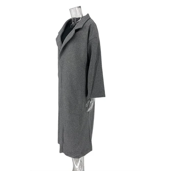 Elegantiškas Pilkos spalvos Paltai Mados Moterų Outwear Žiemos Megztinis ilgomis Rankovėmis Derliaus Paltai Paprasta Turn-žemyn Apykaklės Atsitiktinis Šiltas Kailis