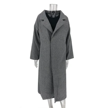 Elegantiškas Pilkos spalvos Paltai Mados Moterų Outwear Žiemos Megztinis ilgomis Rankovėmis Derliaus Paltai Paprasta Turn-žemyn Apykaklės Atsitiktinis Šiltas Kailis
